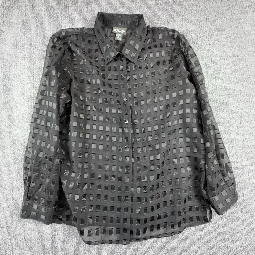 Notations Shirt Womens XL Black Sheer Geometric Button Front Long Sleeve Top